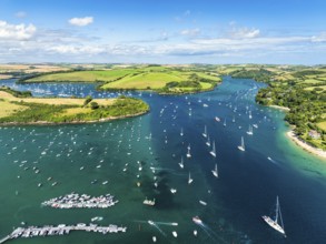 Salcombe and Mill Bay over Kingsbridge Estuary from a drone, Batson Creek, Southpool Creek, Devon,