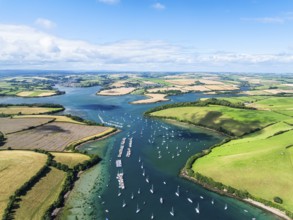 Salcombe and Mill Bay over Kingsbridge Estuary from a drone, Batson Creek, Southpool Creek, Devon,