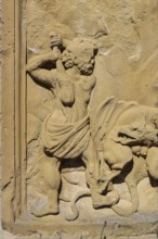 Stone relief, man with club, fighting, Lichtenstein Castle, fairytale castle of Württemberg,