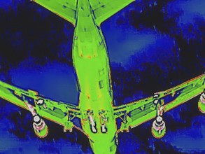 Aircraft on approach, bottom view. Thermal image or thermography, symbol photo, interpolated.