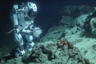 Robot collecting samples in abyssal plains, AI generated