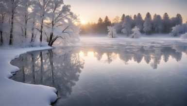 Serene winter landscape at sunrise with snow-covered trees and a frozen lake, AI generated