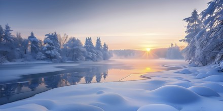 Serene winter landscape at sunrise with snow-covered trees and a frozen lake, AI generated