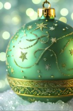 Close up of a frosted green Christmas ornament, detailed with tiny ice crystals, delicate carvings,