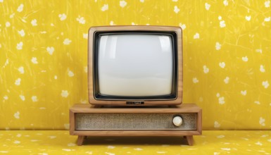 Old television in front of old rustic patterned wallpaper, AI generated