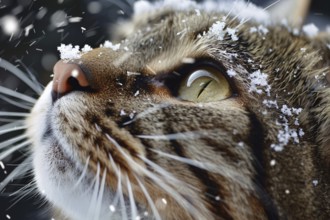 Close up of cat's face covered in snowflakes. Generative Ai, AI generated