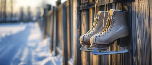 Pair of vintage ice skates hanging by their laces on an old wooden fence with frost and snow gently