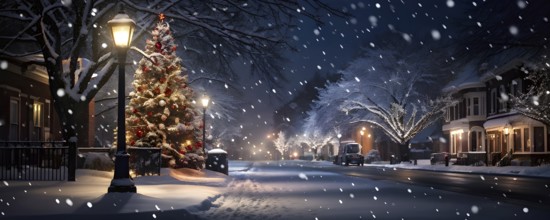 Christmas Eve with snowflakes fall under the light of a streetlamp with a decorated tree in the