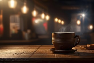 Coffee cup on a wooden table in a warmly lit cafe in blurred background, AI generated