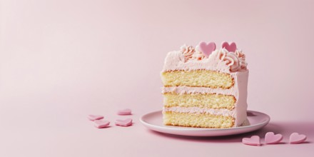 Slice of layered cake with hearts on pink background with copy space. Generative Ai, AI generated