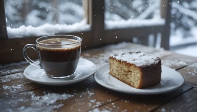 Coffee cup on a plate by a snow covered window creating a cozy winter feeling, AI generated