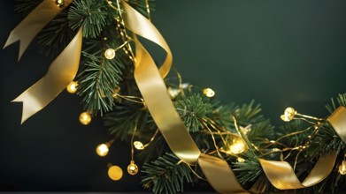 Christmas garland with golden ribbons intertwined with pine needles and tiny twinkling lights,