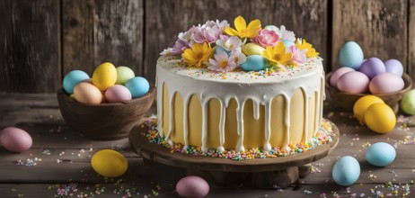 Decorated Easter cake with intricate icing flowers and colorful sprinkles, placed on a rustic