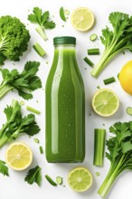 Minimalist lay flat composition of a bottle of vibrant green detox juice surrounded by green fruit