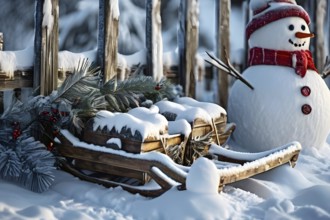 Rustic wooden sleds with frost covered branches and a snowman in the background, AI generated