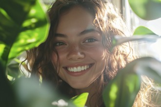 Portrait of happy young woman between leaves of tropical houseplants. Generative Ai, AI generated