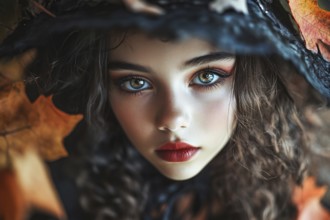 Beautiful young woman with black Halloween witch costume with hat. Generative Ai, AI generated