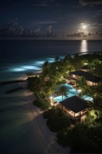 Aerial view of real estate beach resort at the Caribbean coast at night, AI generated