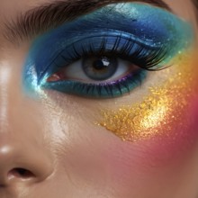 Close up of eye featuring vibrant colored eyelids with intense eye shadow, AI generated