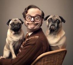 A man sits together with two dogs, two pugs, AI generated, AI generated