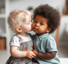 A white toddler kisses a black one on the cheek, AI generated, AI generated