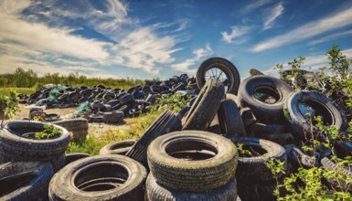 Symbolism, large junkyard with old car tyres, AI-generated, AI-generated, AI generated