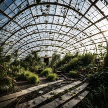 Inside an abandoned greenhouse where wild flora thrives among shattered glass and broken frames, AI