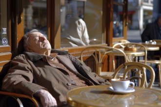 An elderly man sits asleep on a chair in a street café, symbolic image for spring fever, AI