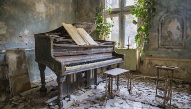 An old piano in a dilapidated monastery, lost place, AI-generated, AI-generated, AI generated