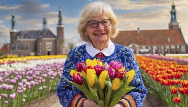 An elderly lady in colourful clothing cheerfully holds a bouquet of tulips, historic buildings