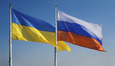 The flags of Ukraine and Russia, EU, flutter together in the wind, AI generated