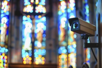 A surveillance camera, CCTV, in a church, protection against vandalism, AI generated, AI generated,