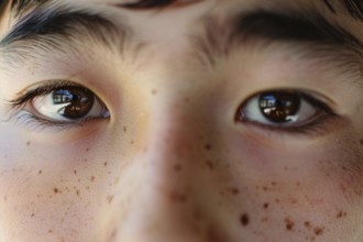 Close up of young Asian man's eye with typical monolid, KI generiert, generiert, AI generated