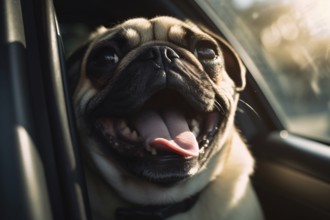 Panting overheated pug dog in car in summer. AI generated