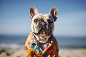 French Bulldog dog weraing summer hawaiian shirt at beach. KI generiert, generiert AI generated