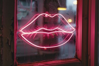 Pink neon light in shape of kiss lips hanging in window of bar at night. KI generiert, generiert,