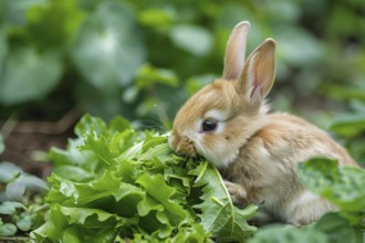 Cute bunny eating salad in garden. KI generiert, generiert, AI generated