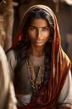 Woman in a village with traditional mud houses nestled in the thar desert, AI generated