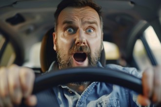 A man sits in a car and looks surprised, startled, symbolic image, distraction in road traffic, AI