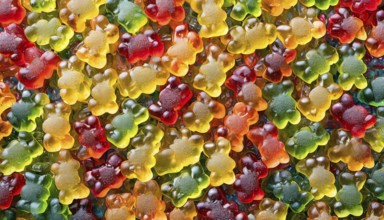 A colourful collection of shiny gummy bears in close-up, gummy bears, AI generated, AI generated