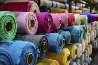 Many colorful rolls of fabric in textile factory. KI generiert, generiert, AI generated