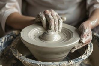 Close up of hands forming white raw clay into pottery. KI generiert, generiert, AI generated