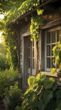 AI generated close up of a rustic vineyard cottage nestled amidst lush summer colored vine leaves