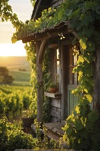 AI generated close up of a rustic vineyard cottage nestled amidst lush summer colored vine leaves