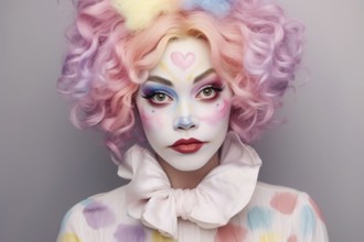 Woman dresse dup as pastel colored clown. AI generated