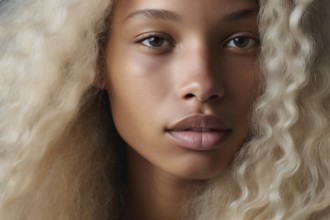 Young beautiful black african american woman with long blond dyed hair. KI generiert, generiert AI