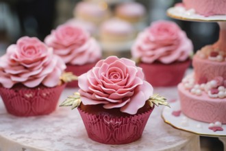 Wedding cupcakes with pink sugar rose topping. KI generiert, generiert AI generated