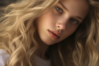 Portrait of young woman or teenage girl with pretty face and blond hair. KI generiert, generiert AI