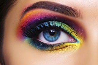 Close up of woman's blue eye with bold rainbow colored eyeshadow makeup and dark black fake lashes.