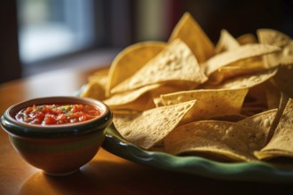 Plate with Tortilla chips and Salsa dip in small bowl on table. KI generiert, generiert AI